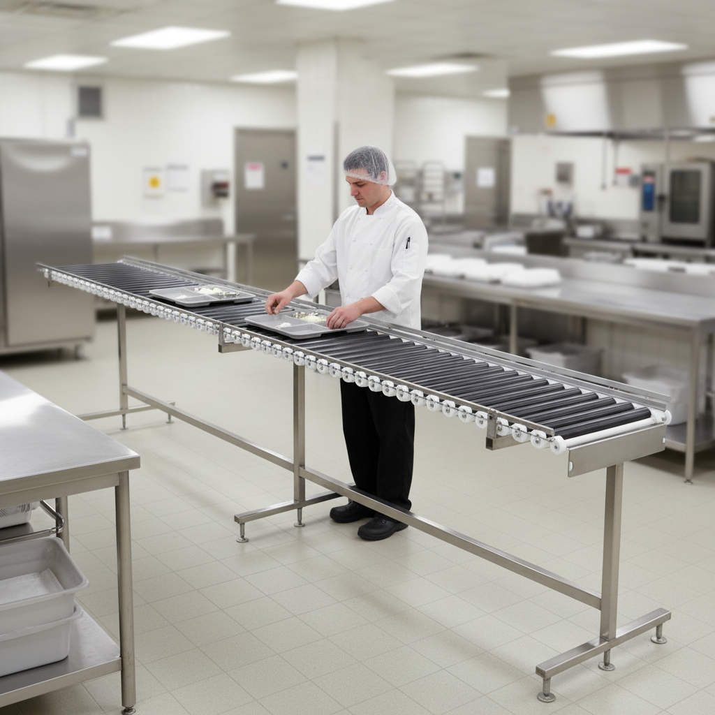 Experience ergonomic, unobstructed tray assembly with the innovative cantilever design of this 8 ft. tray make-up conveyor.