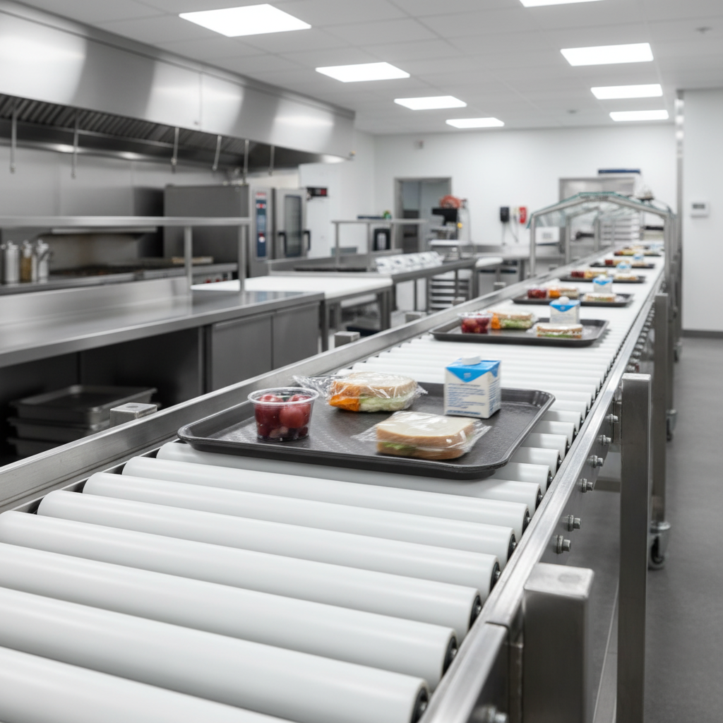 Experience smooth, consistent tray movement with the high-quality PVC rollers on this cantilever-style make-up conveyor.