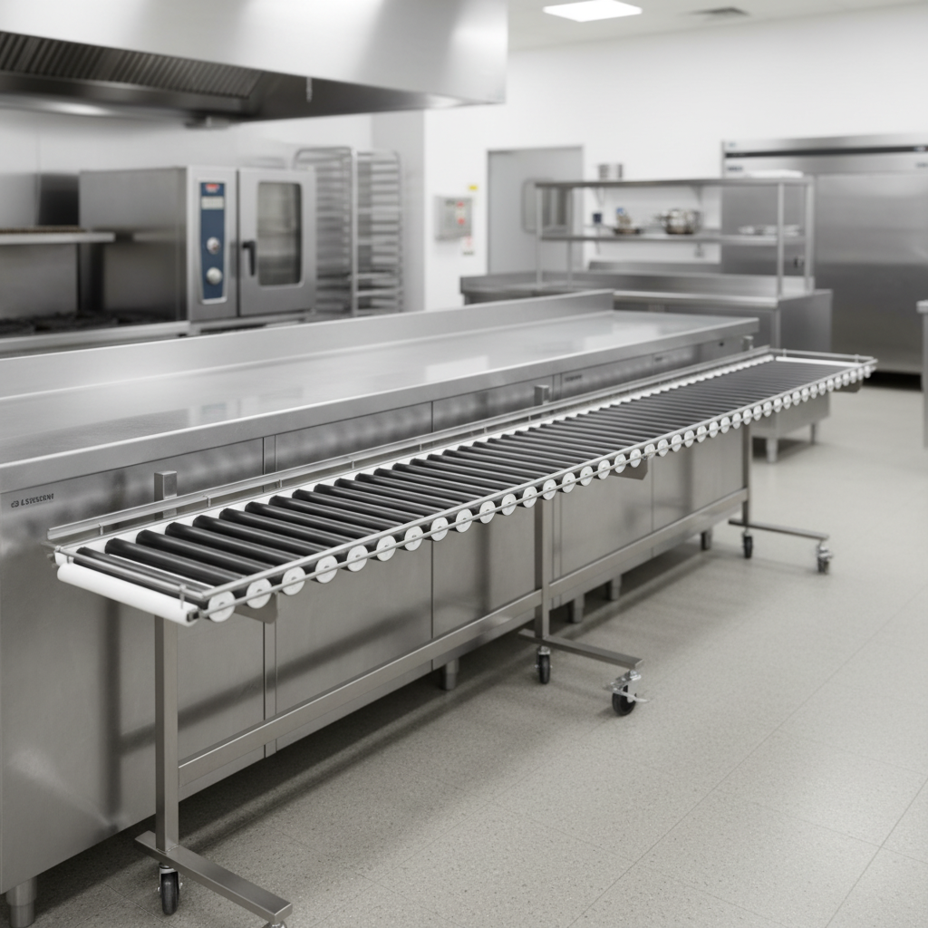Effortlessly reposition your tray make-up line with the conveyor's smooth-gliding 3-inch casters for ultimate operational flexibility.