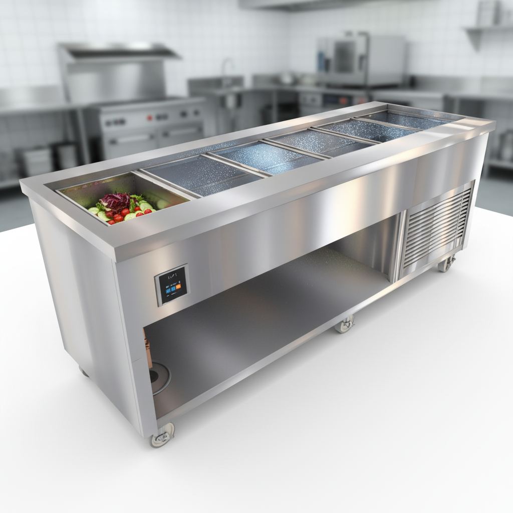This image highlights the deep, NSF 7 certified 300 Series stainless steel cold pan, ensuring consistent temperature retention for your fresh ingredients.