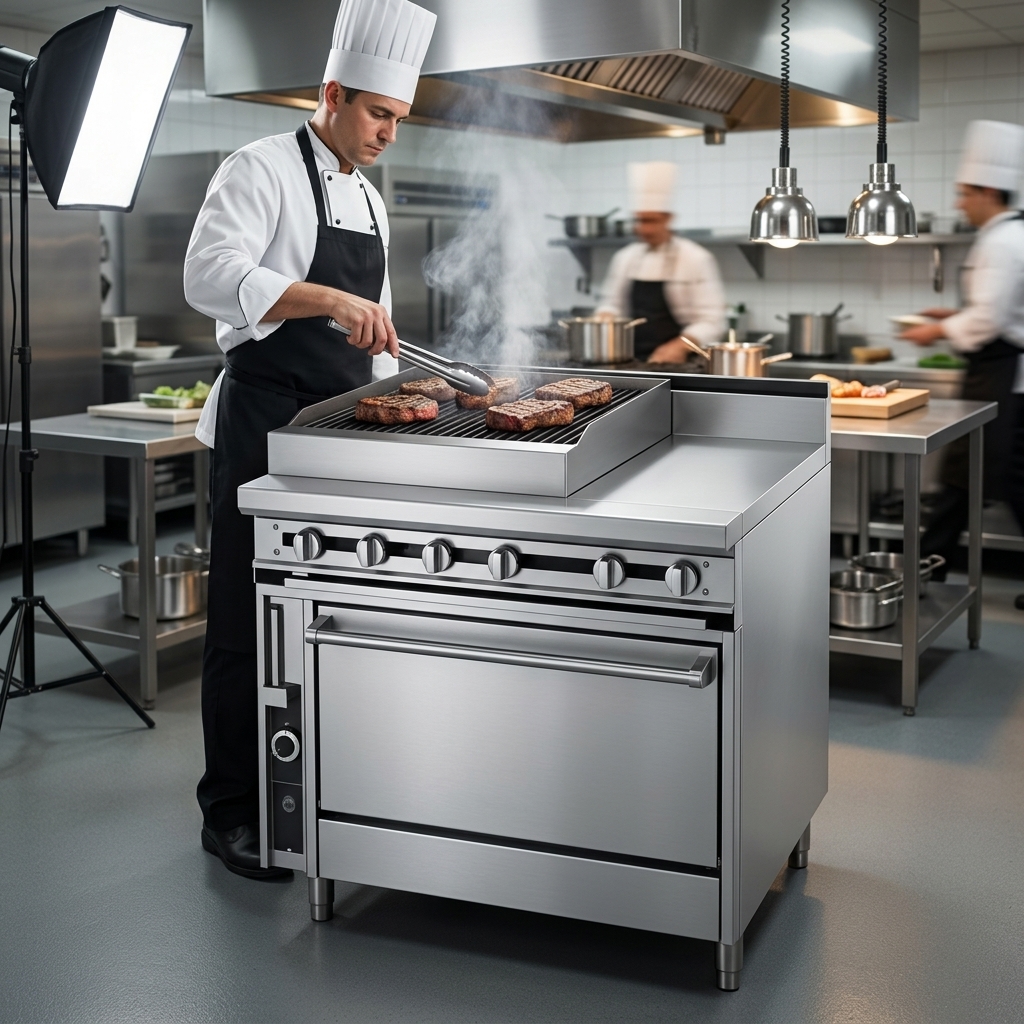 This image highlights the exceptional durability of the gas range, featuring heavy-duty, all-welded stainless steel construction designed for demanding commercial kitchens.