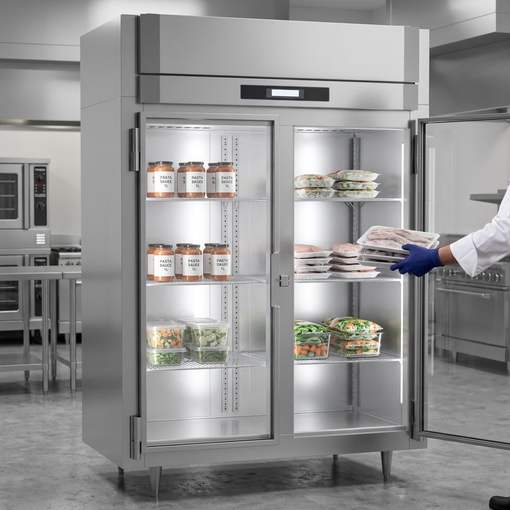 Experience superior product visibility and effortless loading with the freezer's extra-wide glass doors and convenient stay-open feature.