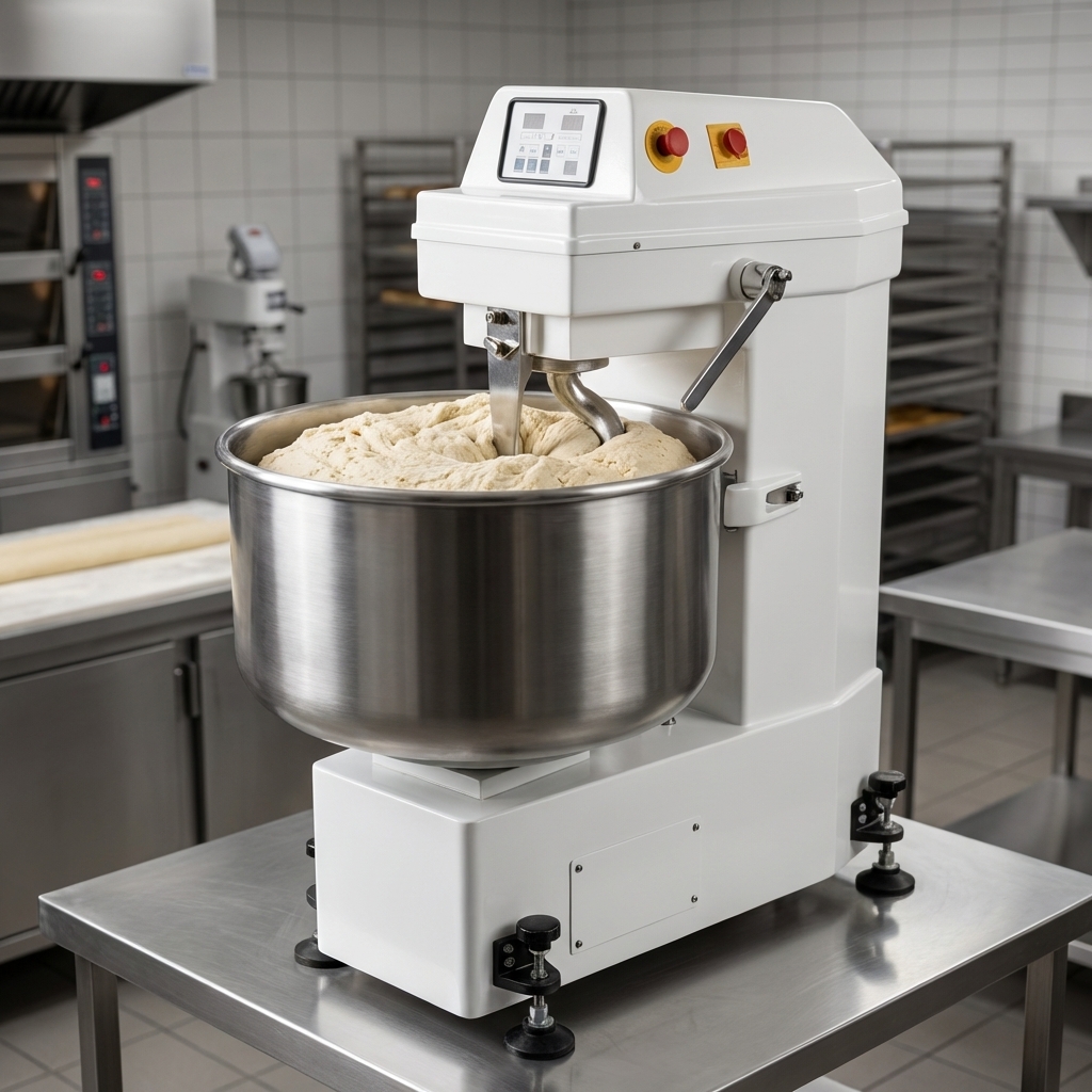 Witness the impressive high capacity of this heavy-duty spiral dough mixer as it effortlessly handles a massive batch of dough in a professional bakery setting.