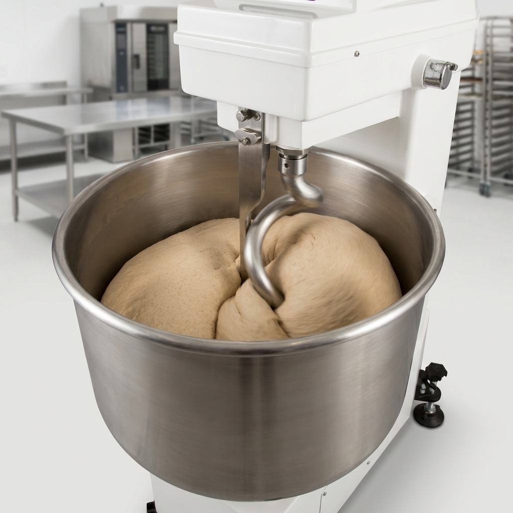 Witness the powerful and consistent single-speed mixing action of this heavy-duty spiral dough mixer, ensuring perfectly uniform dough every time.