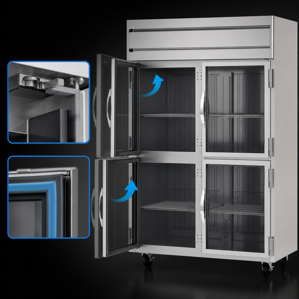 Self-Closing Cam-Lift Hinges and Magnetic Gaskets