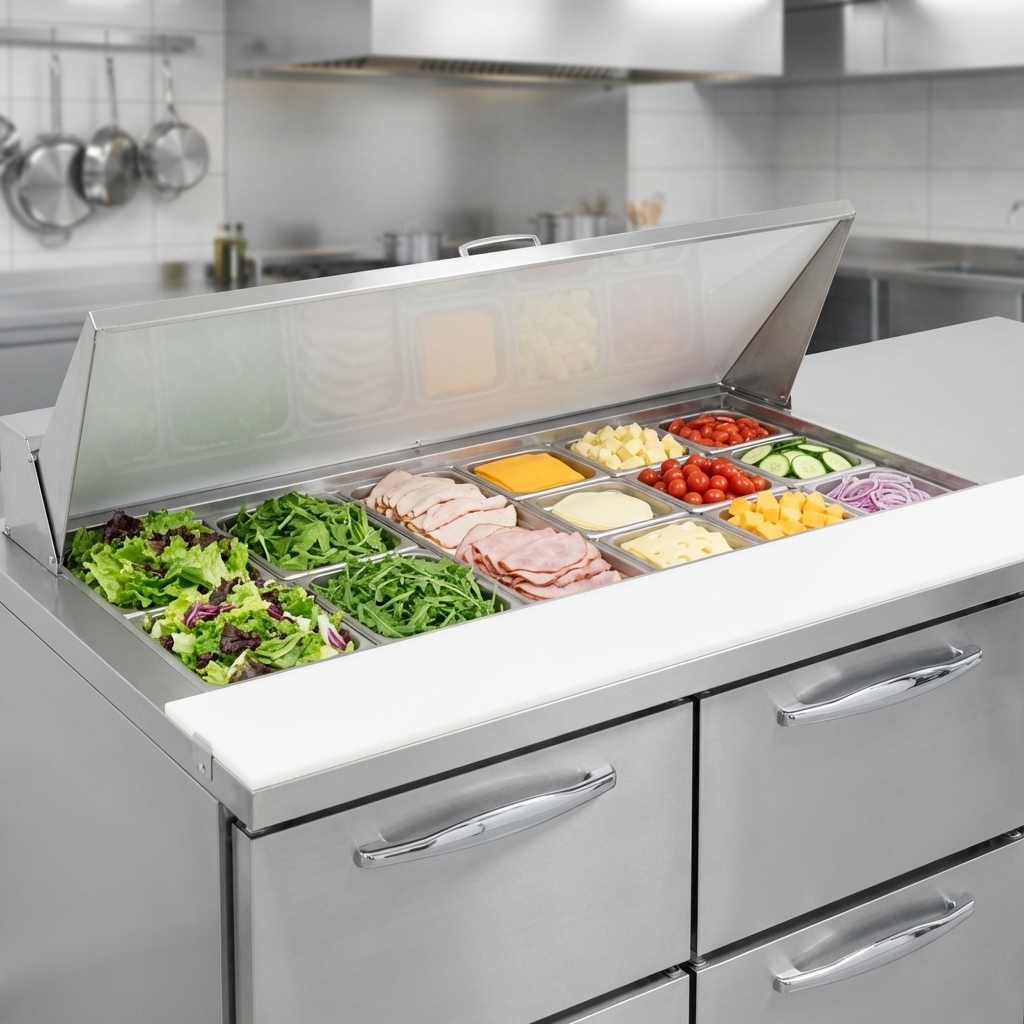 Maintain peak ingredient freshness and ensure food safety with the precise, optimal pan product temperatures of this sandwich unit.