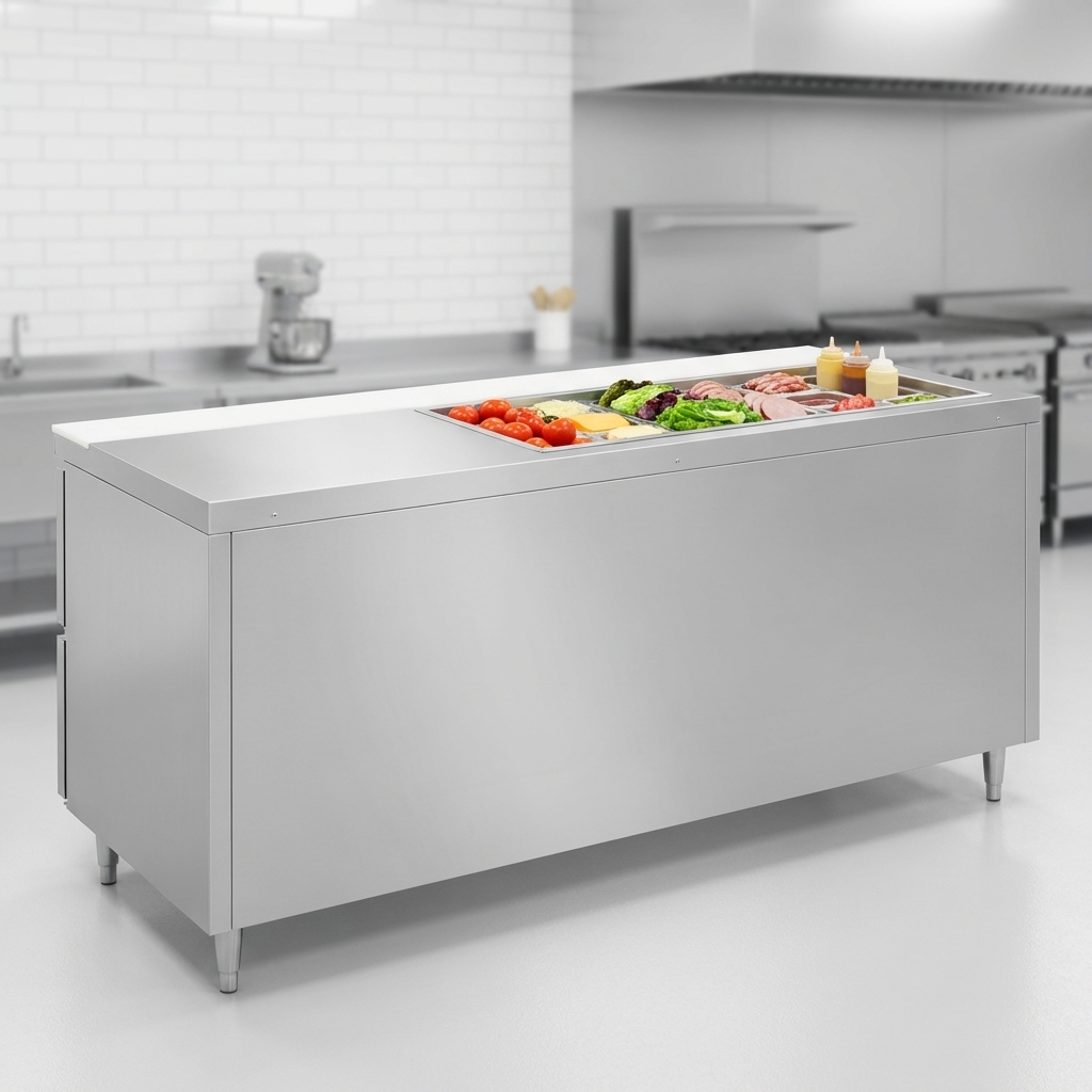 Observe the simplified installation of this sandwich unit, featuring an automatic hot gas condensate evaporator that eliminates the need for external drain lines.