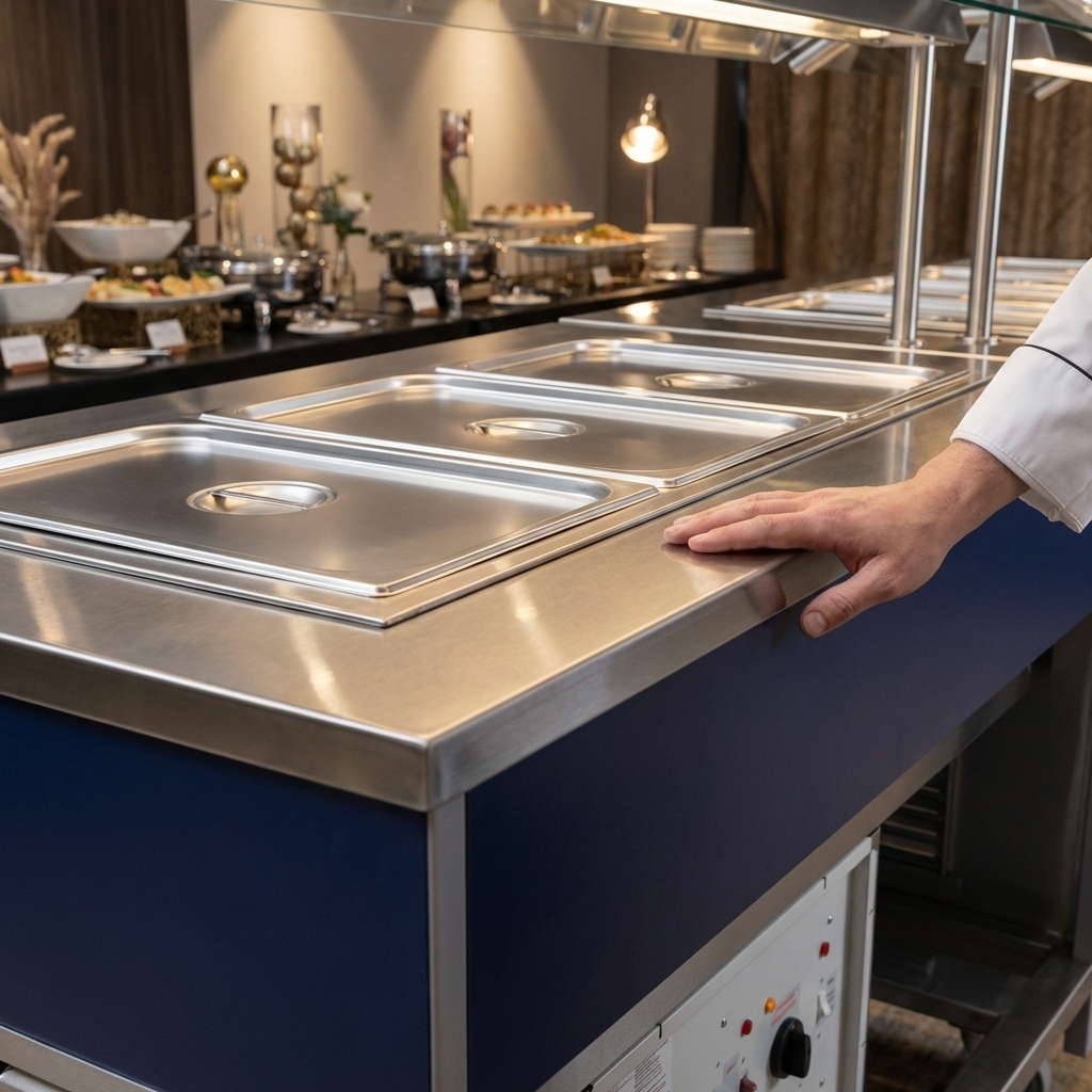 Experience exceptional durability with this buffet station's heavy-duty 16 gauge, type 304 stainless steel top, meticulously crafted for lasting performance.
