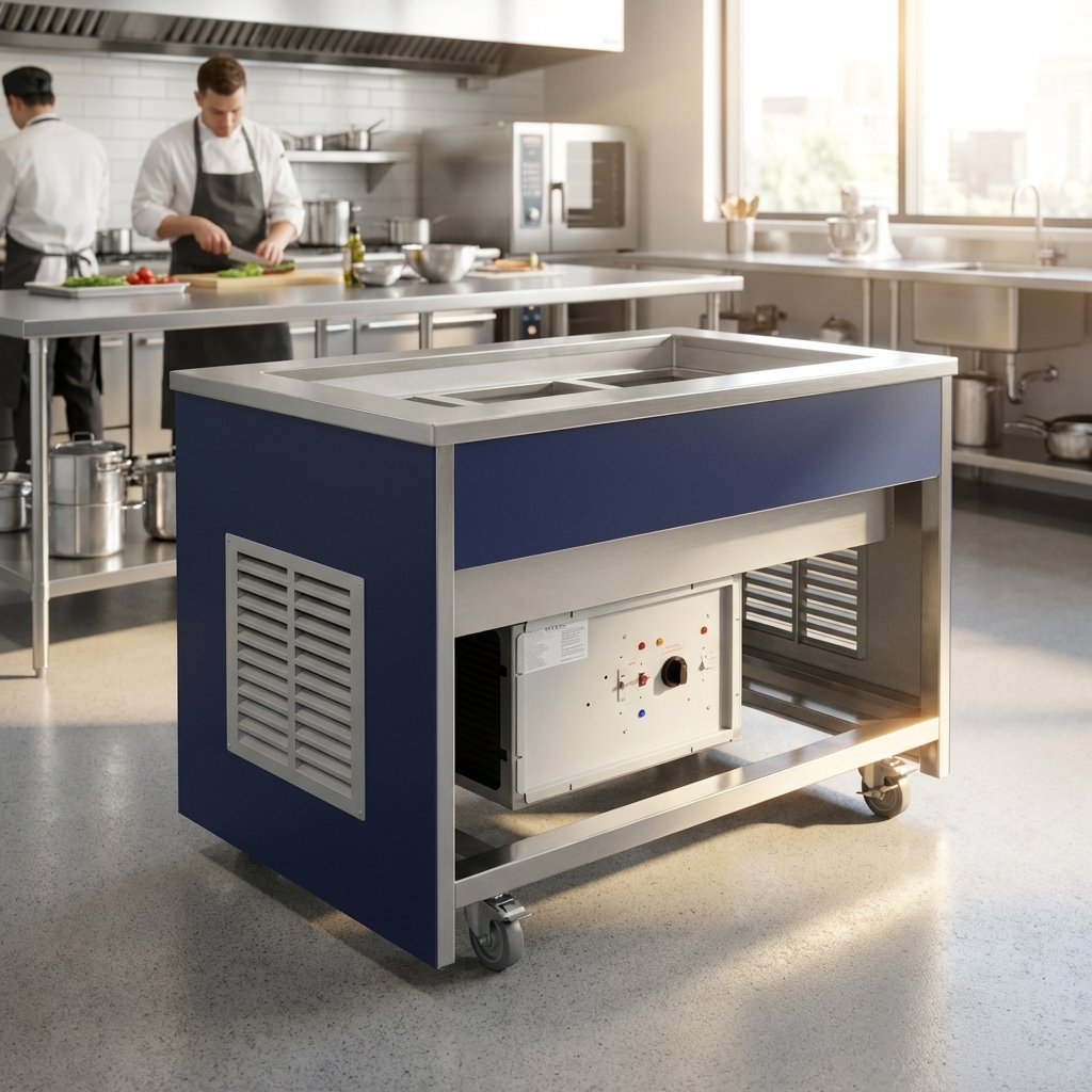 Showcasing exceptional durability, this mobile buffet station features a robust, precisely welded stainless steel body and frame built for commercial demands.
