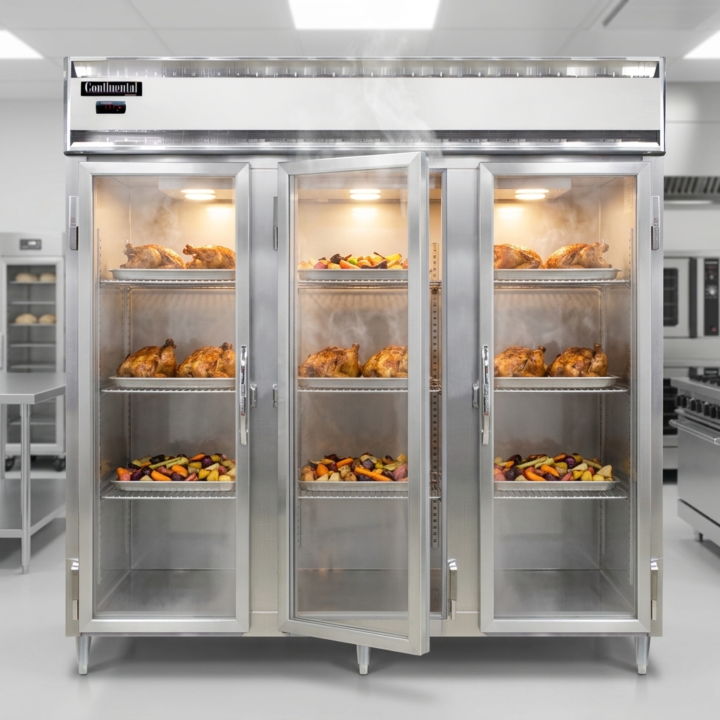 This image showcases the three-section heated holding cabinet effectively maintaining consistent warmth for perfectly ready-to-serve dishes, highlighting its high-performance heating system.