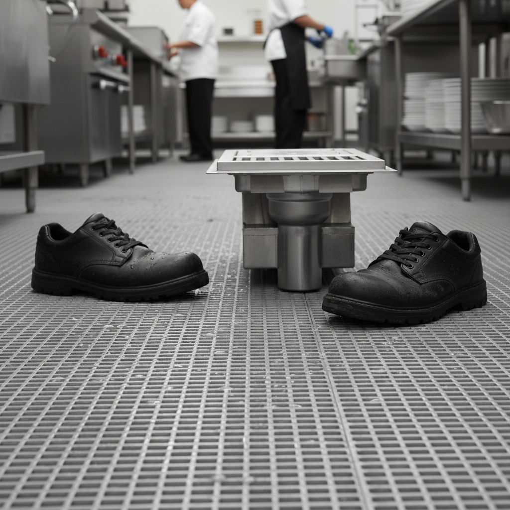 This image highlights the durable anti-slip gray fiberglass subway-style grating, providing a secure and safe walking surface around the water tempering trough.
