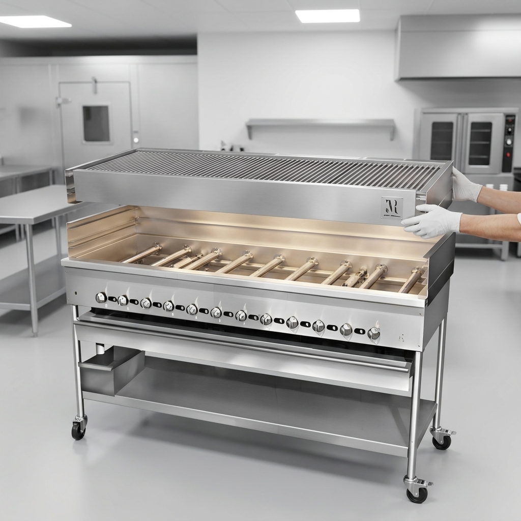 This image highlights the Titan JCB-48 broiler's removable stainless steel superstructure, designed for easy cleaning and versatile 4-level broiling.