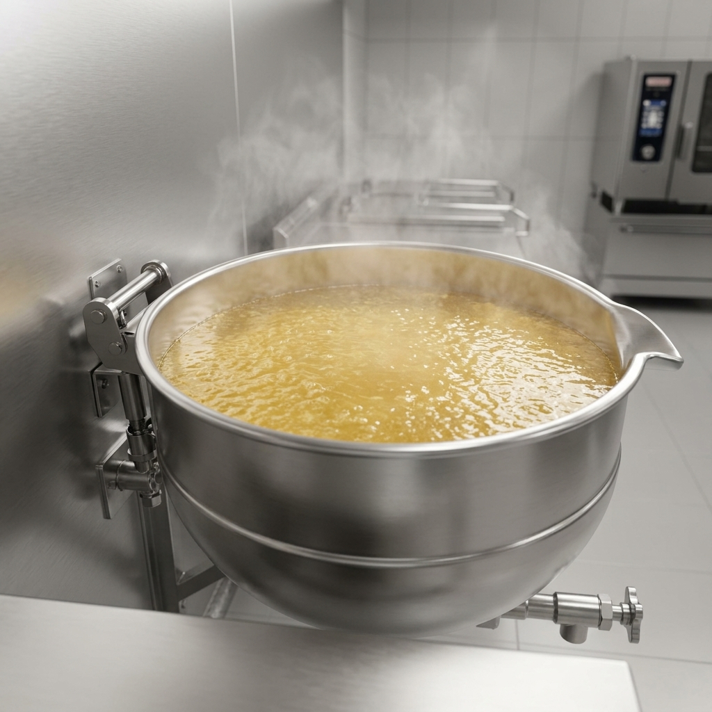 This image showcases the direct steam design of the Legion TWWT-80 kettle, ensuring rapid and even heating for perfect soups, stews, and sauces.