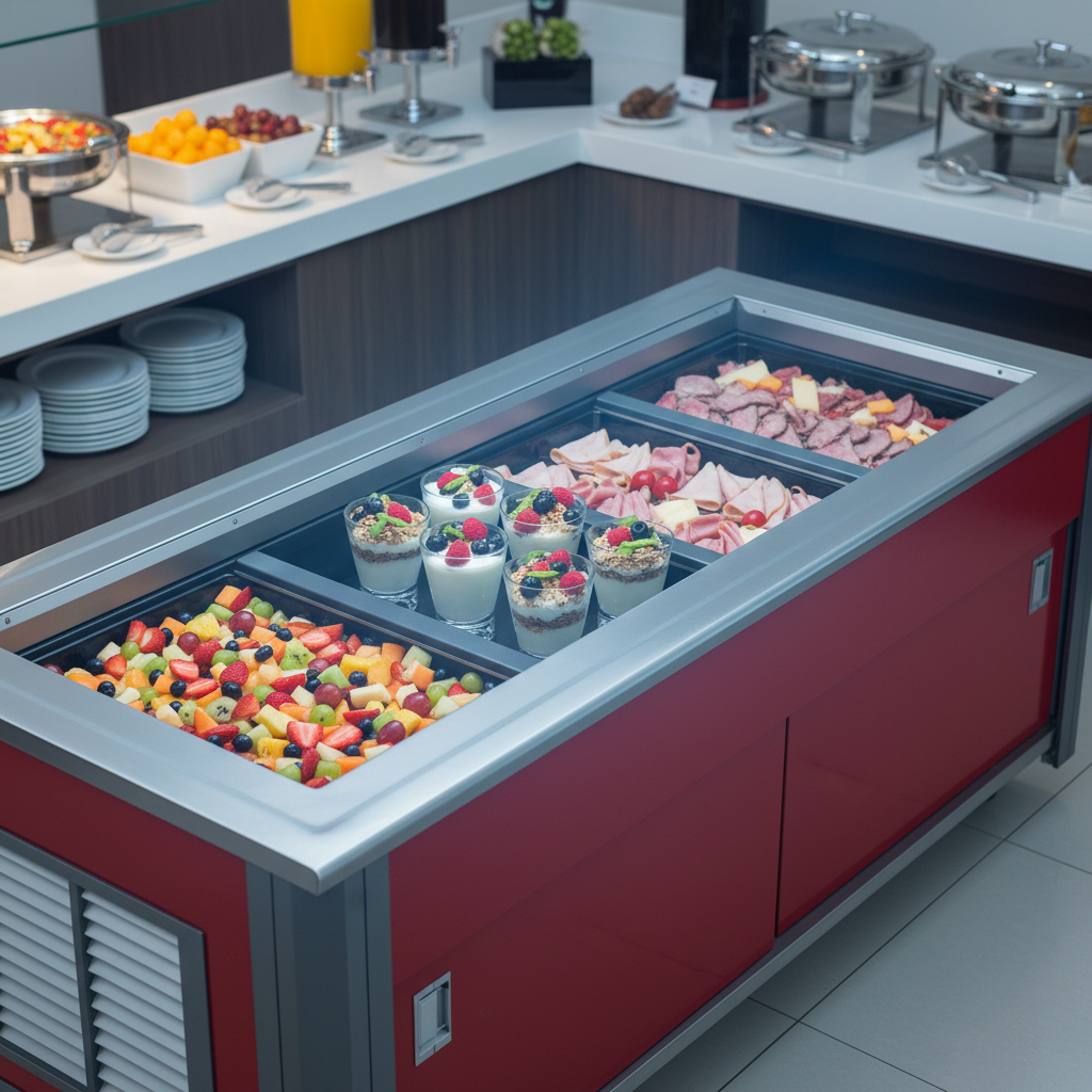 This image showcases the 3-inch recessed cold pan design, keeping food perfectly chilled and fresh by minimizing exposure to ambient air.