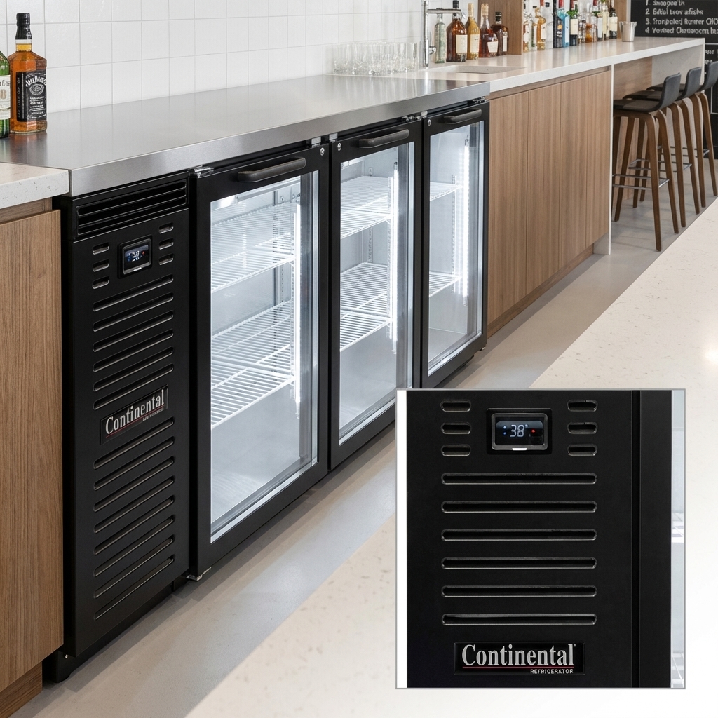 This image showcases the back bar cooler's front-breathing refrigeration system, enabling flexible, flush installation in any commercial setting.