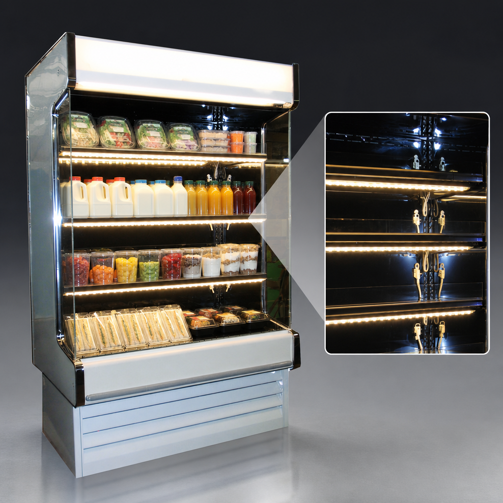 Four Rows Of Lighted Shelves