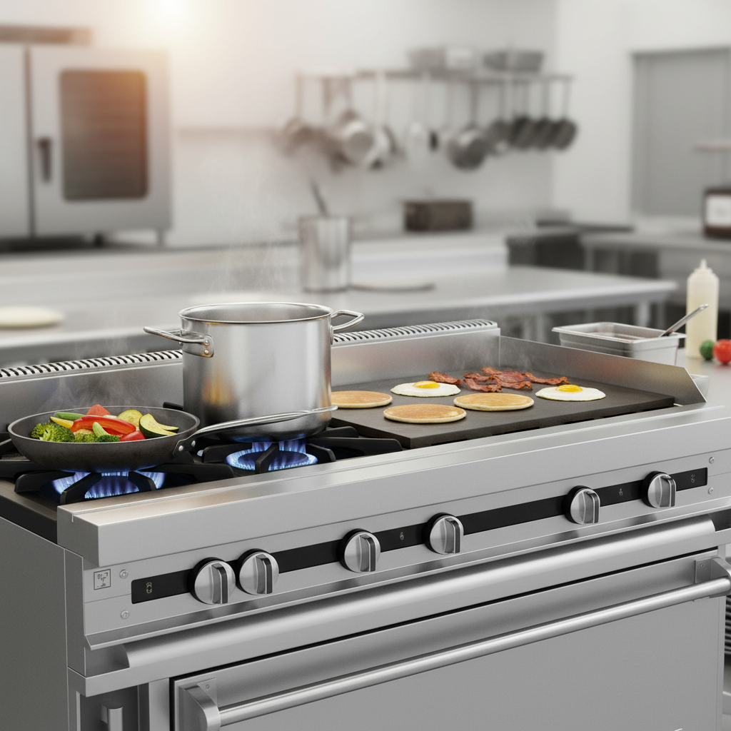 This image showcases the range's versatile cooktop, featuring two powerful open burners and a wide 24-inch plancha for diverse cooking needs.