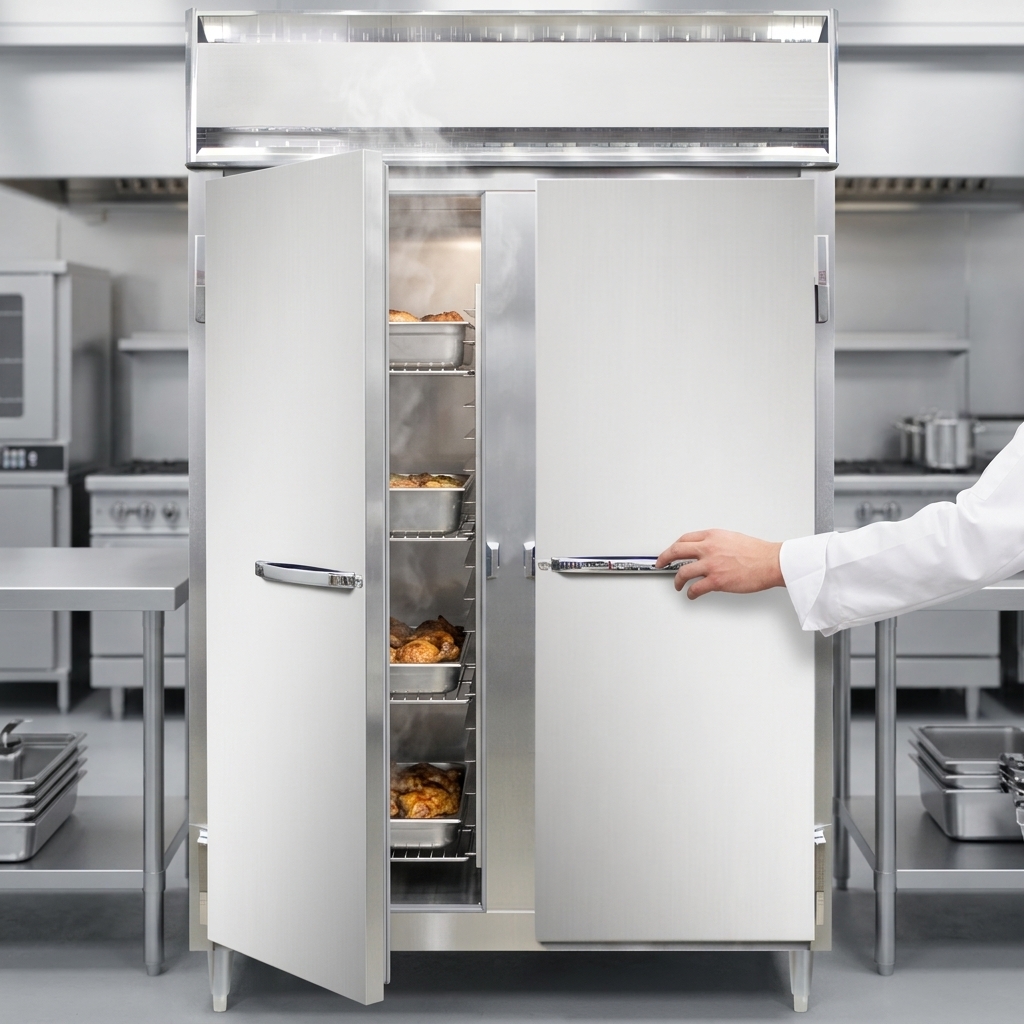This image showcases the robust stainless steel heated holding cabinet, demonstrating its superior insulation by perfectly retaining heat for ready-to-serve food.