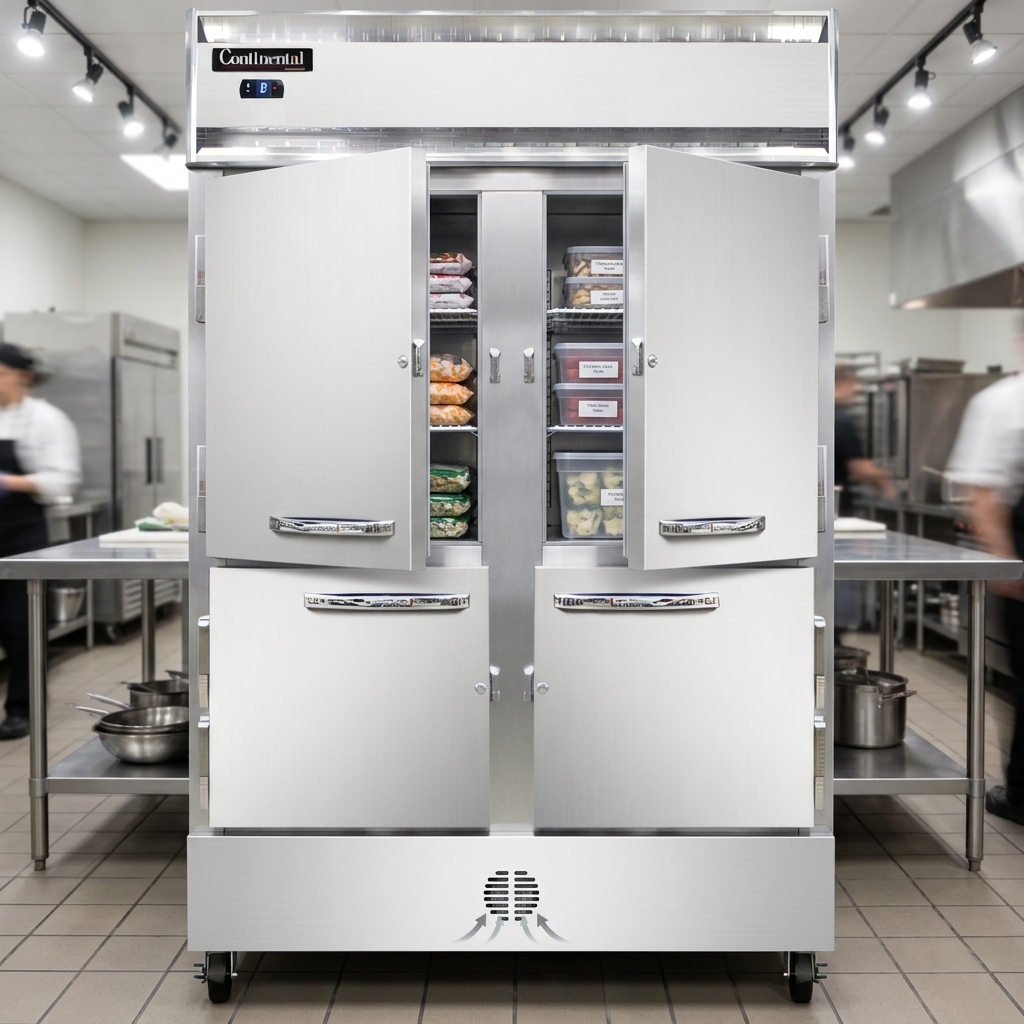 Experience efficient and reliable cooling with this freezer's robust, self-contained refrigeration system, perfectly integrated for any commercial kitchen.