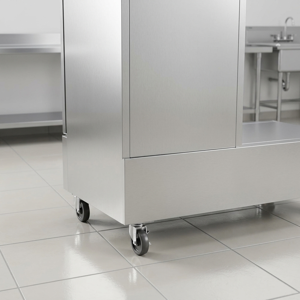 This image showcases the seamless installation of the reach-in freezer, free from external drainage thanks to its automatic electric condensate evaporator.