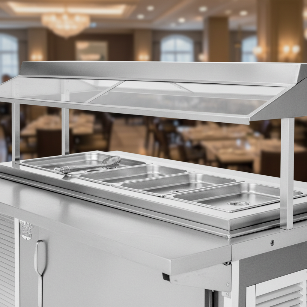 This image highlights the counter's heavy-duty stainless steel top, renowned for its exceptional durability and polished, clean appearance.