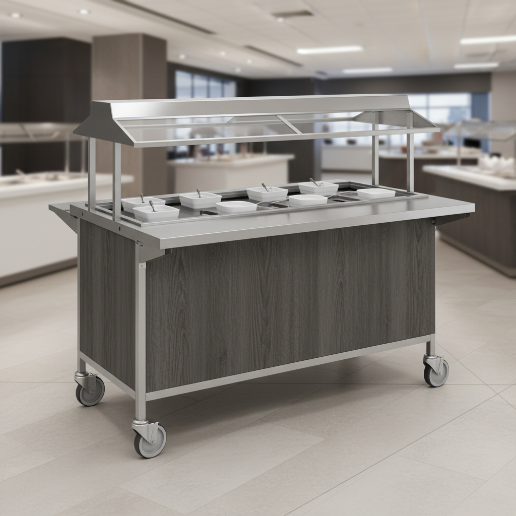 This image showcases the Atlas Metal mobile refrigerated serving counter with its elegant and customizable laminate paneled body, perfectly blending into a modern commercial setting.