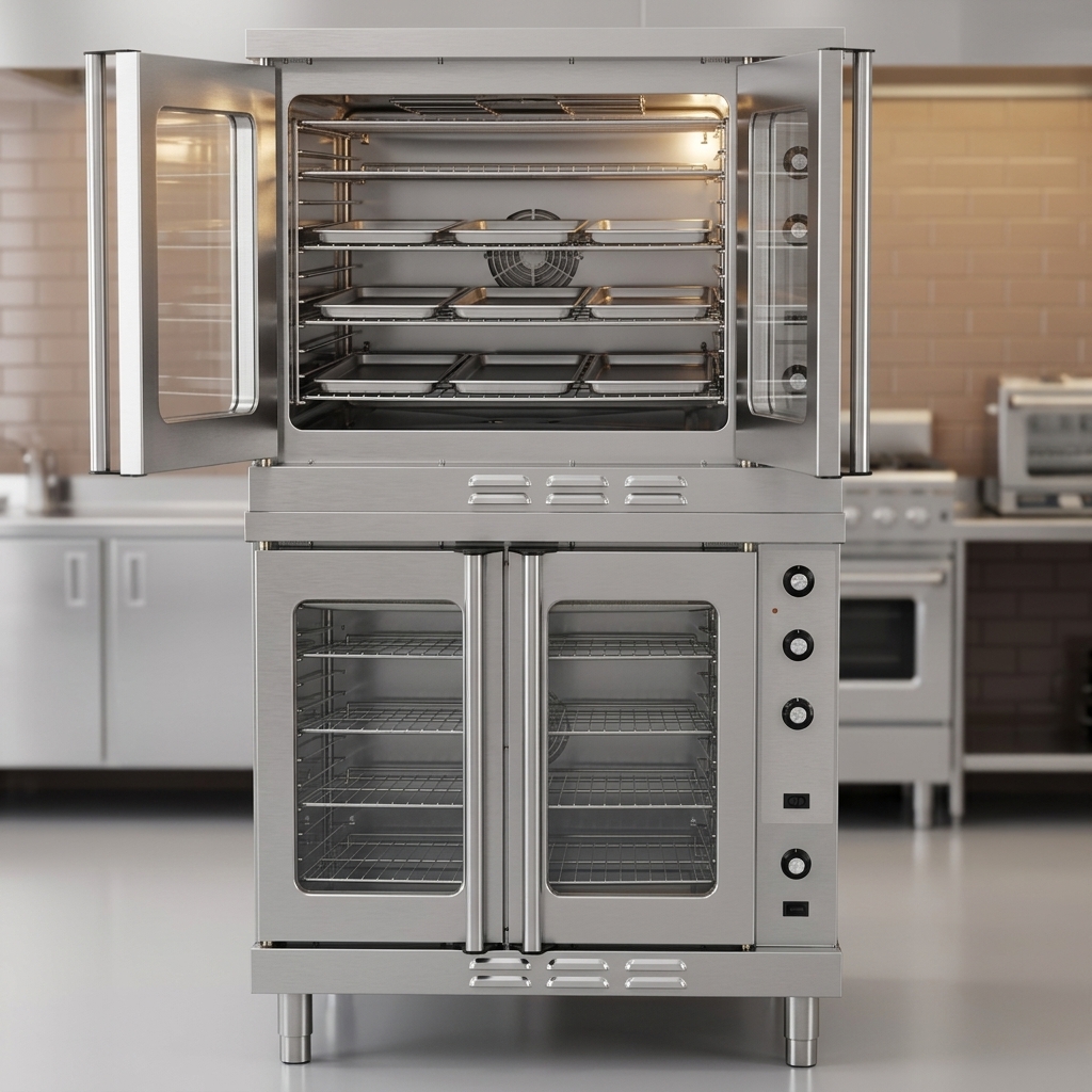 This image demonstrates the generous full-size pan capacity of the double-deck convection oven, perfect for high-volume cooking.