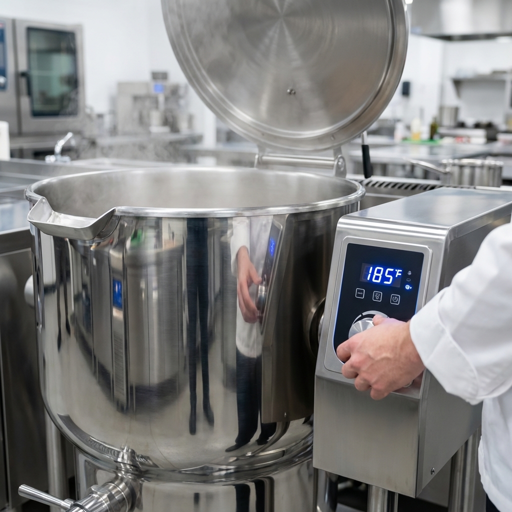 Experience precise and consistent temperature regulation with the advanced thermostatic control panel on this 40-gallon electric tilting steam kettle.