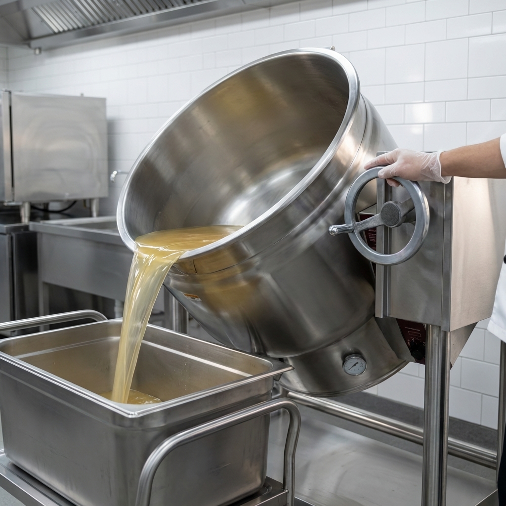 Effortlessly pour and secure contents with the steam kettle's precise crank tilt and self-locking positive stop mechanism.