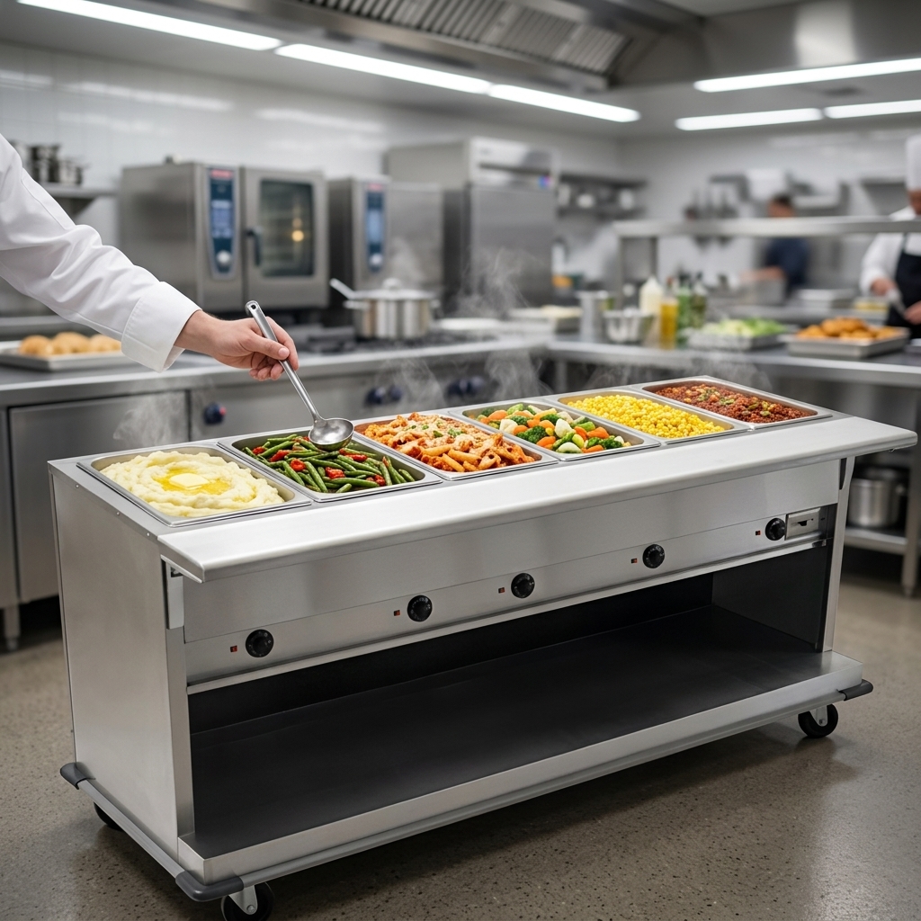 Efficiently serve a variety of dishes with the six 12" x 20" wells, designed for versatile food pan configurations.