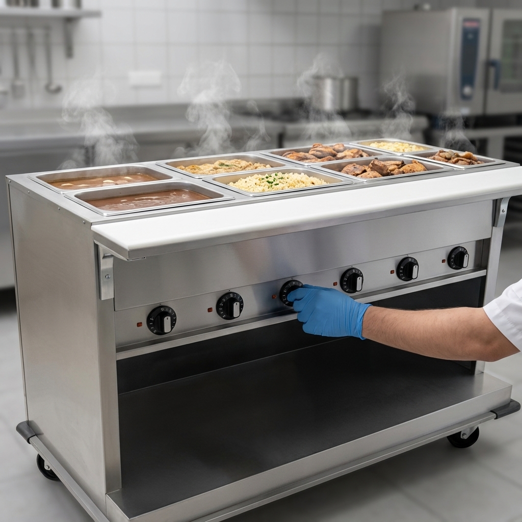 This image highlights the independent thermostatic controls, allowing precise temperature settings for each of the hot food table's six wells.