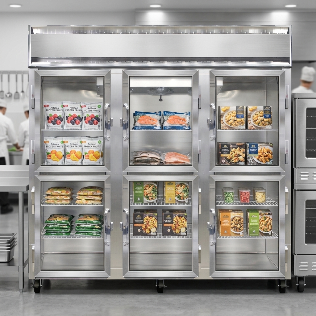 Effortlessly integrate this three-section display freezer into your space thanks to its compact, self-contained refrigeration system.