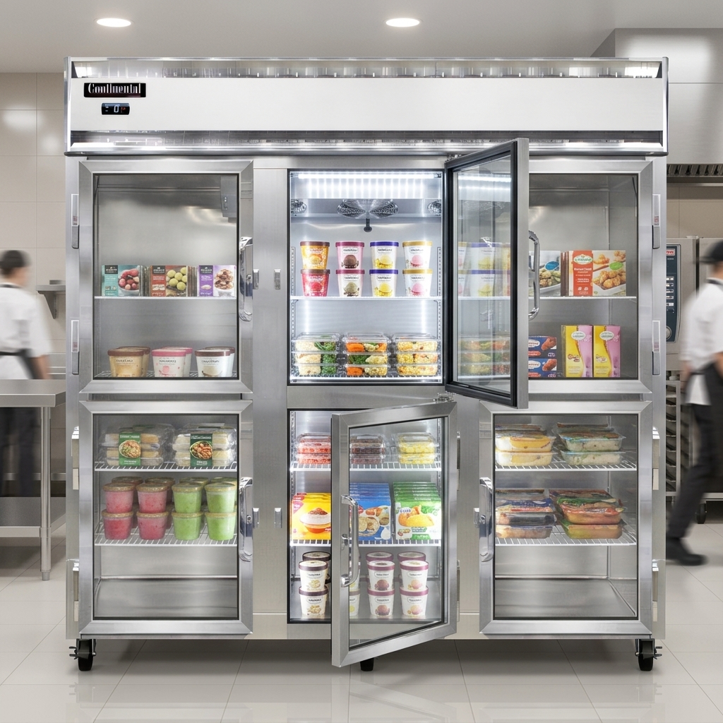 See your frozen inventory clearly and efficiently with the convenient glass half doors of this three-section display freezer.