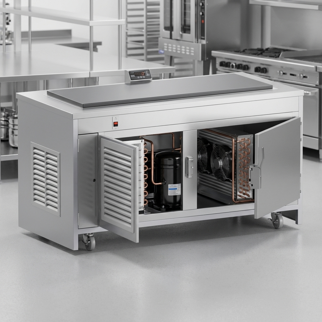 Showcasing the easily accessible, self-contained refrigeration systems for both the frost top and refrigerated base.