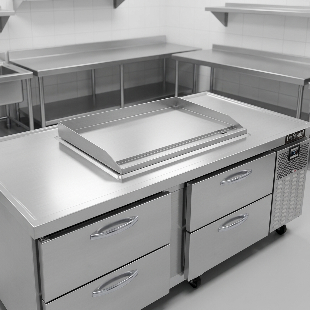 Showcasing the robust, easy-to-clean heavy-duty stainless steel top with a drip guard marine edge, perfect for supporting griddles and containing spills.