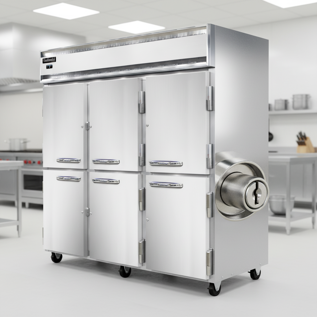 This image highlights the durable cylinder locks on each half-height door, ensuring the security of your valuable inventory within the reach-in freezer.