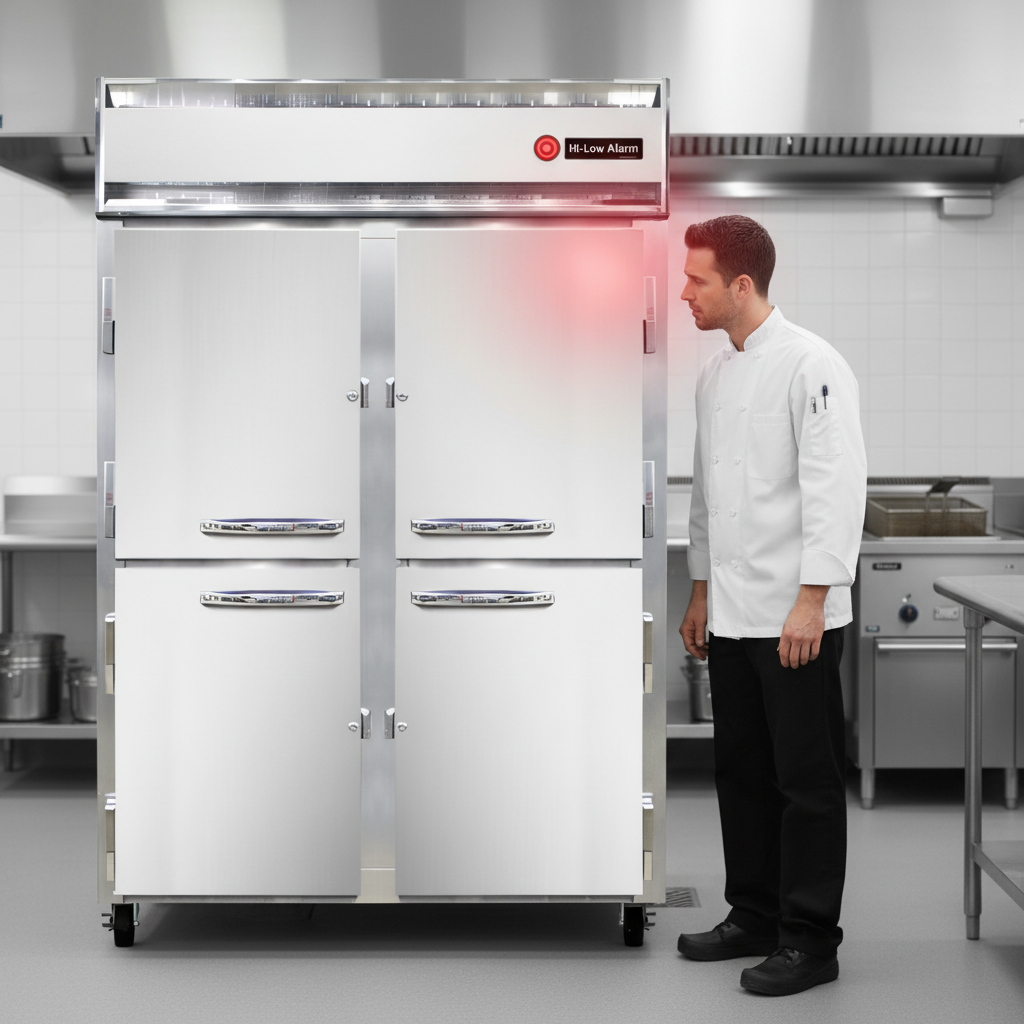 This image highlights the freezer's essential hi-low alarm, actively notifying kitchen staff of critical temperature fluctuations to ensure food safety.
