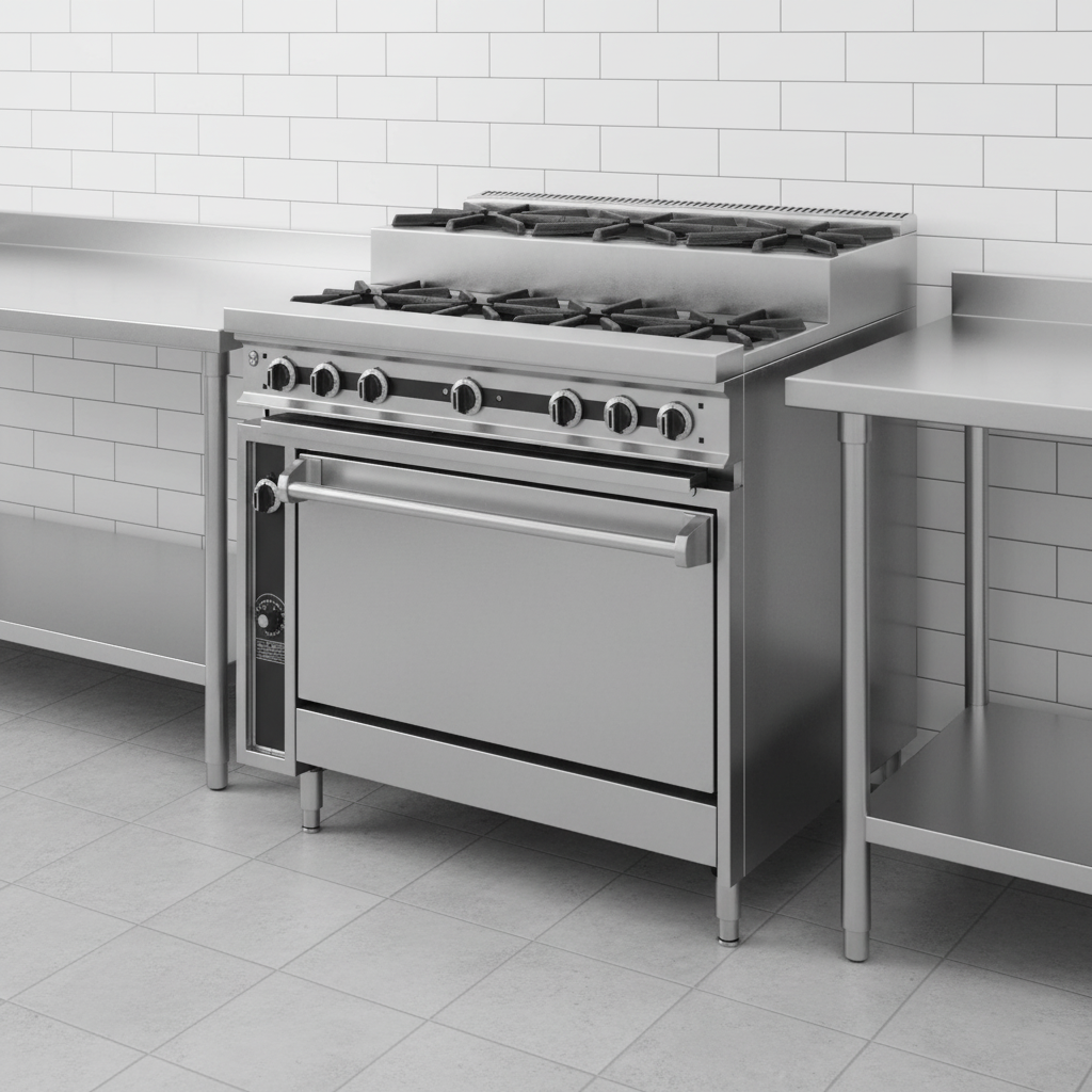 This image showcases the range's heavy-duty stainless steel construction, built for exceptional durability and easy cleaning in demanding commercial environments.