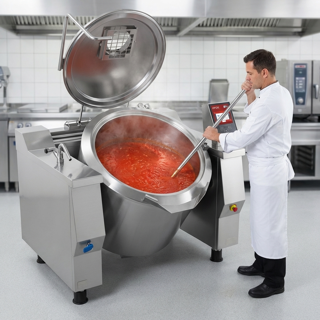 Witness the immense 78-gallon capacity of this commercial tilting kettle, perfectly suited for high-volume culinary production.