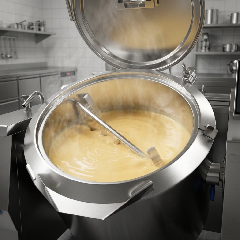 This image highlights the 78-gallon tilting kettle's indirect heating, ensuring gentle and uniform temperature distribution for delicate products like creamy custard.