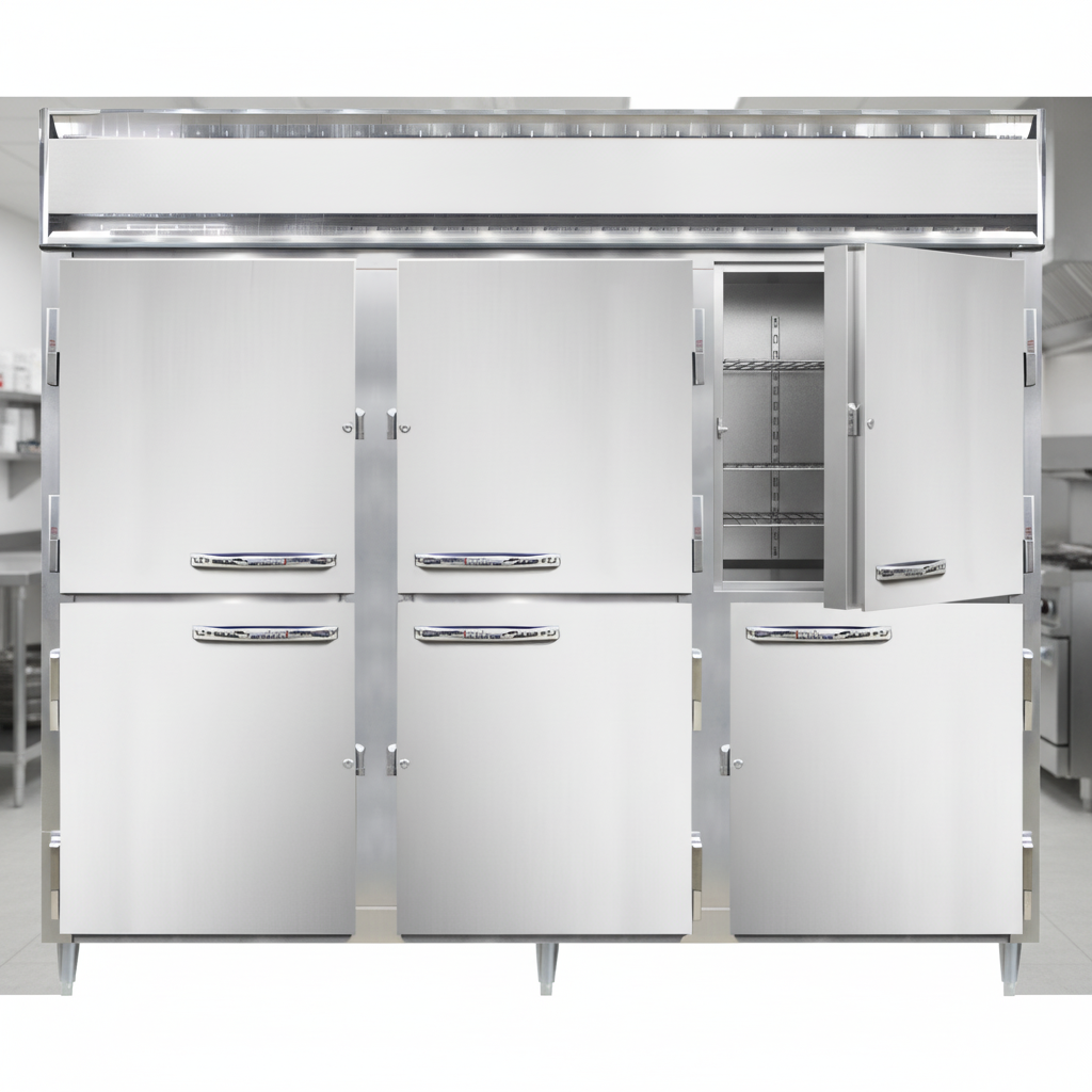 This image highlights the heated holding cabinet's robust stainless steel exterior and easy-to-clean aluminum interior, ensuring exceptional durability.