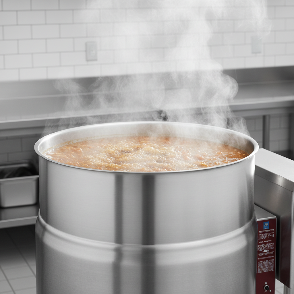 Experience efficient, uniform heating with the large 100-gallon electric tilting steam kettle's powerful 2/3 steam jacket, perfect for consistent large batch cooking.