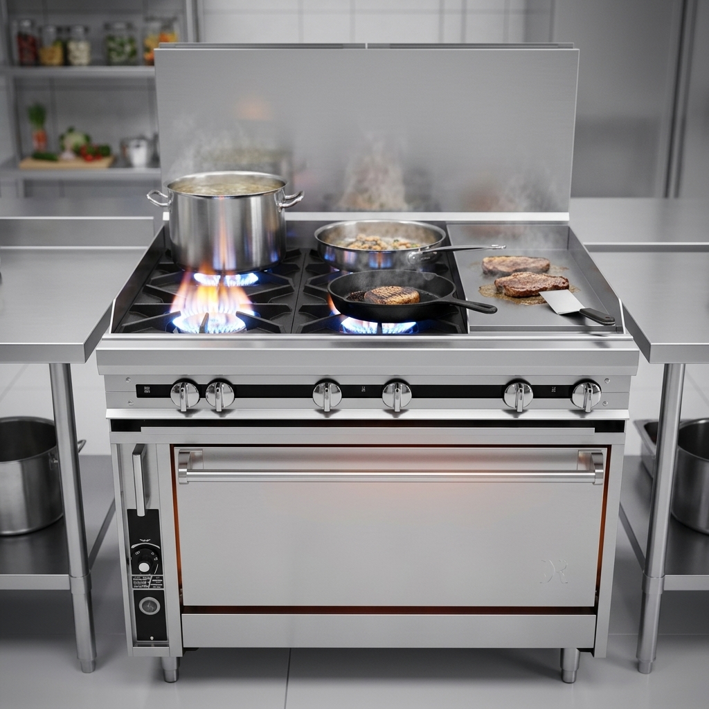 Experience the intense power of four high-power open burners, delivering rapid heat for any demanding cooking task in a commercial kitchen.