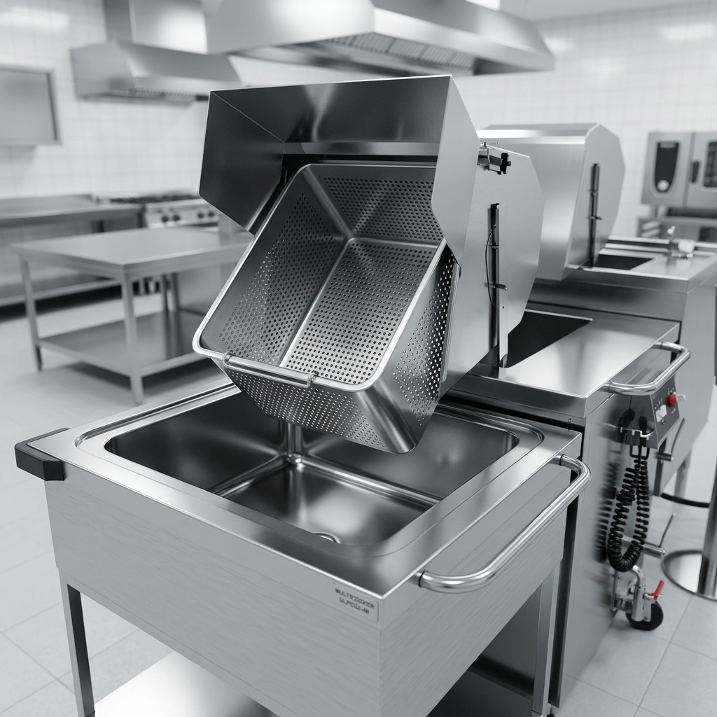 Showcasing the exceptional durability and hygienic design of the multicooker's AISI 316 stainless steel cooking vessel and perforated basket.