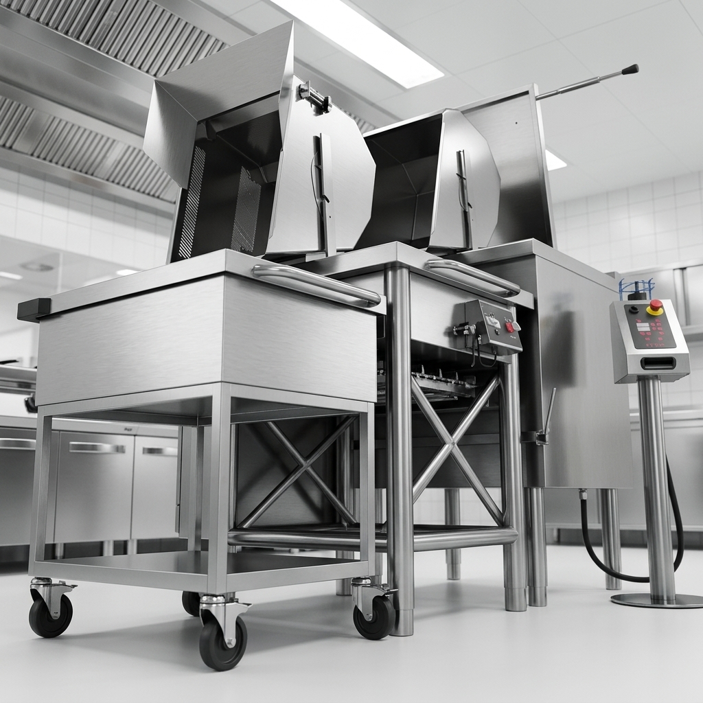 This image showcases the multicooker's exceptionally sturdy supporting structure, crafted from robust AISI 304 stainless steel for unparalleled stability in any commercial kitchen.