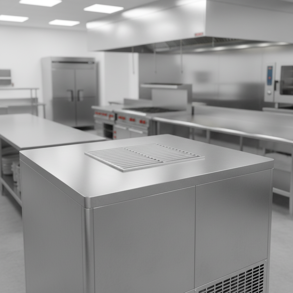 Observe the sleek, self-contained refrigeration system integrated within this two-section reach-in freezer, ensuring efficient cooling and easy installation.