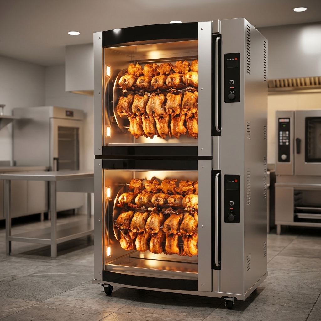 Maximize your output with the double-deck design of the BKI VGG-16-F rotisserie, capable of roasting up to 80 chickens at once.
