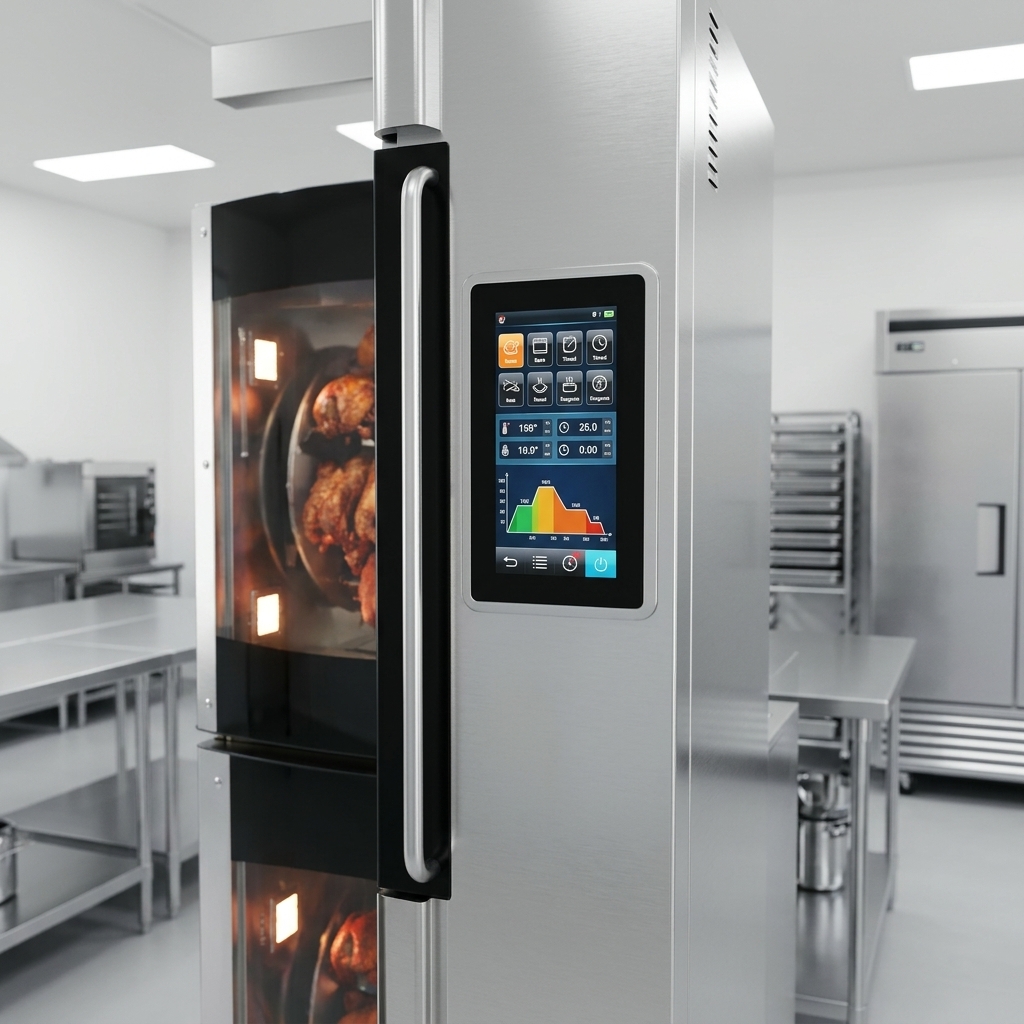 Experience effortless cooking control with the BKI VGG-16-F Double-Deck Electric Rotisserie Oven's intuitive touch-screen controller, simplifying operation with precise programmable modes.