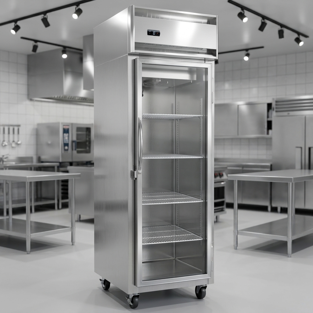 This image highlights the freezer's robust all-stainless steel construction, ensuring maximum durability and easy cleaning in any commercial setting.