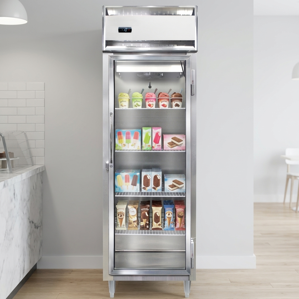 Showcase your frozen products with unparalleled clarity through the freezer's prominent full-height glass door, designed for maximum visibility and easy access.
